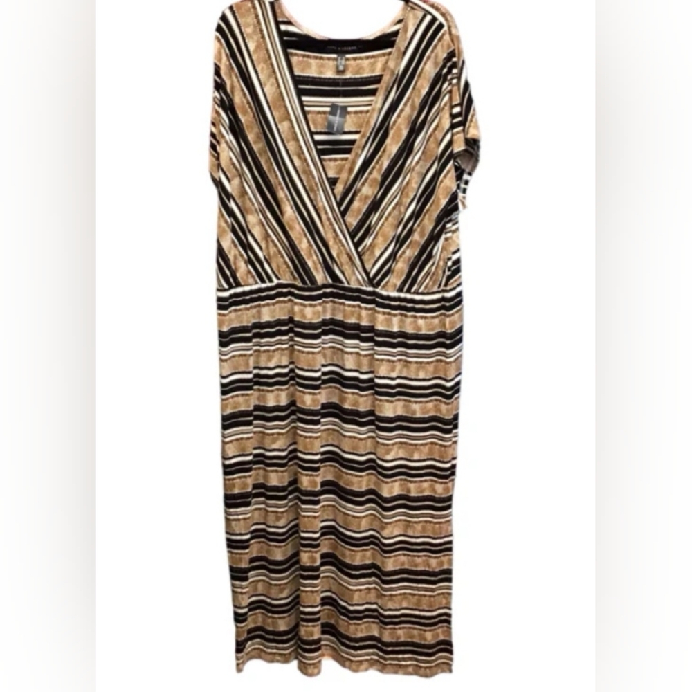 Women's Casual Maxi Dress Crossover V Neck Black & Brown Stripes Plus Size 4X